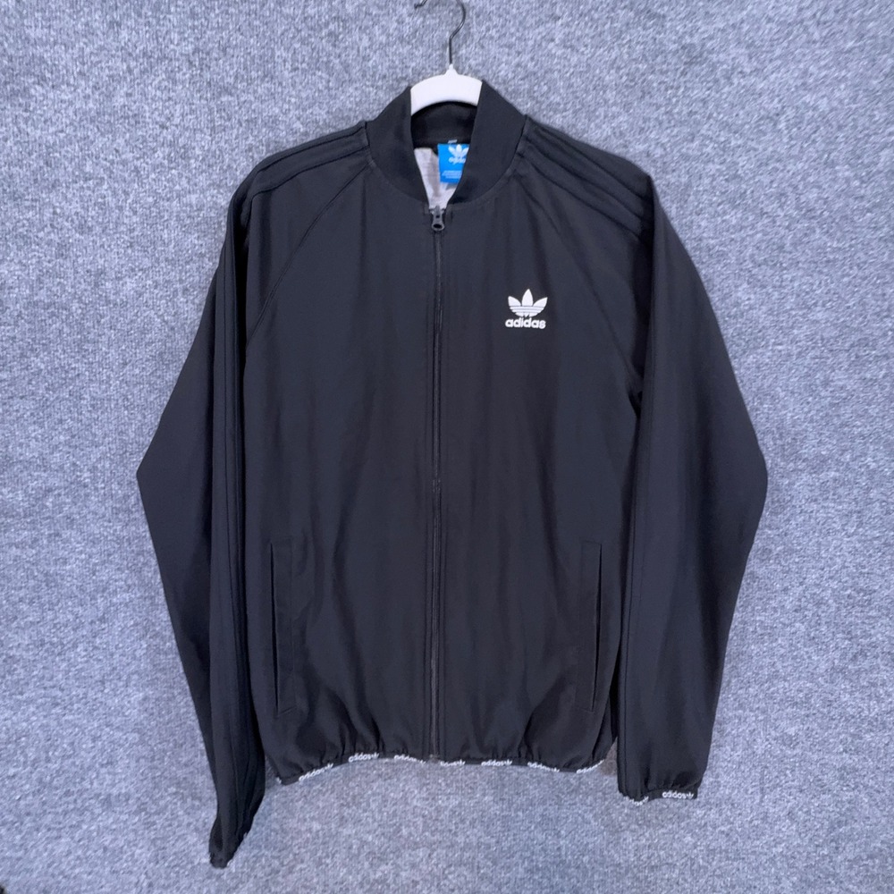 Adidas Track Jacket Mens Medium Black Trefoil Logo Full Zip Bomber Sweatshirt